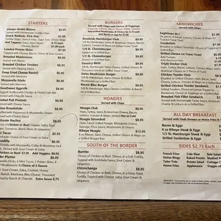 the menu for the restaurant