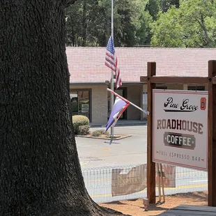 a picnic table and flag