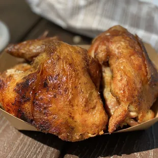 a chicken in a basket