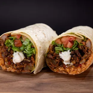 two burritos cut in half