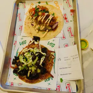 the mushroom taco and the hot chicken taco