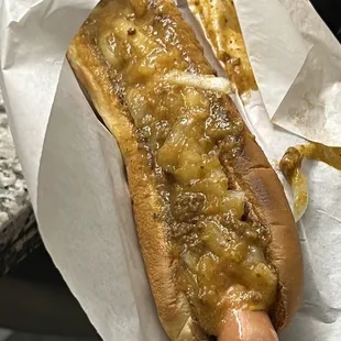 Coney dog with famous no meat chili sauce