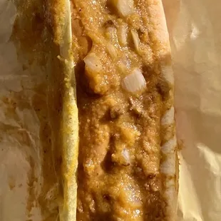 Roake's 11" sausage with onions and mustard!! I love to have (2) 5 or 6 times a year