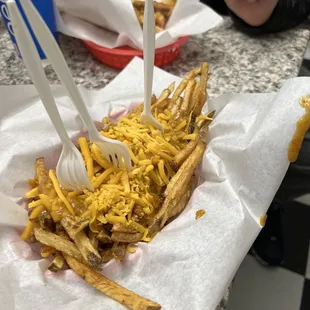 Chili cheese fries. Huge portions and should be shared