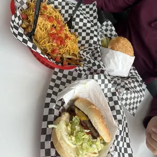 Mushroom Swiss burger  Deluxe burger  Coney fries