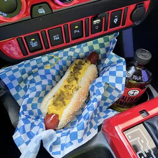 My go to: All beef on a seeded bun with double mustard and easy relish