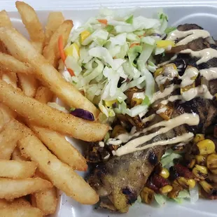 Jerk Chicken with Seasoned Fries &amp; Corn Salsa