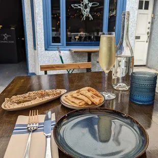Lebneh with pita bread.  Keush, Armenian Brut sparkling wine