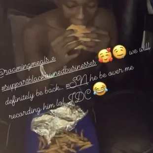 This young customer told his family about the Gusherburgers so they all purchased 8 combos to take home and eat. HOME OF THE GUSHERBURGER.