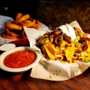 nachos, fries, and salsa