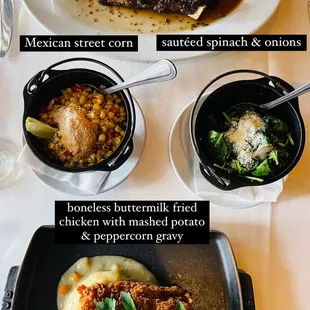 Dry-aged bone-in NY strip, Mexican street corn, sautéed spinach and garlic, boneless buttermilk fried chicken