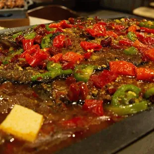 a close up of a pan of food