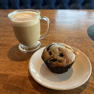 Almond Rocca latte and blueberry muffin