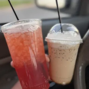 Sugar-free energy buzz w/ SF strawberry, raspberry, and lemon.  Coffee: Iced Dirt Irish Breve w/ whip &amp; drizzle