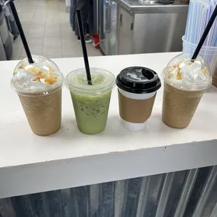 Blended caramel latte with almond milk (far right&amp;far left) , iced matcha latte w/ oatmilk and marshmallow syrup