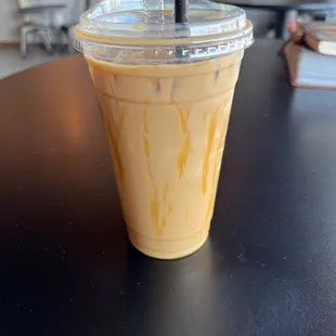 Large iced caramel macchiato (with soy milk)