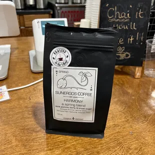 a bag of coffee on a counter