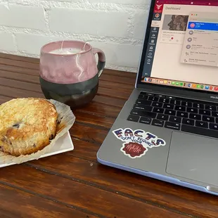 Breakfast tea latte and blueberry muffin