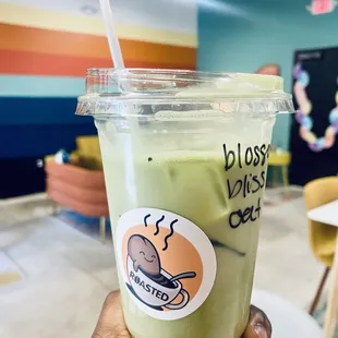 BLOSSOM BLISS ($6.50 with non-dairy milk or $5.50 normally) -- unsweetened matcha with house-made cherry blossom syrup (2024 Spring Menu)