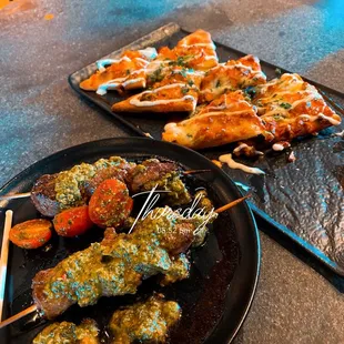Great food, steak skewers and Buffalo chicken flatbread