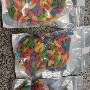 Sour worms, and mixed gummies