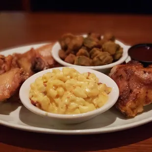 Roasted chicken, fried okra and macaroni &amp; cheese.