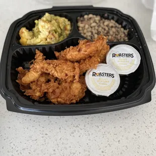 Hand - dipped Chicken Tenders, cauliflower and broccoli casserole