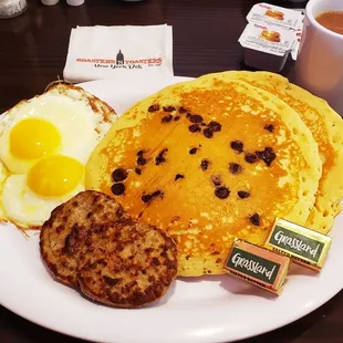 2/2/2 Sunny side up, chocolate chip pancake, turkey sausage