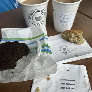 Motor city blend and Roasted Plant blend coffees. Chocolate zucchini loaf and parmesan pepper scone.
