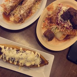 Tacos, yuca con chicharrón, plátano relleno. Amazingly delicious