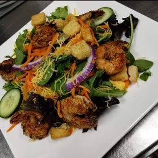 our garden salad with grilled shrimp added is a great meal for a hot day