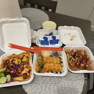 Fish and shrimp tacos and the California roll and aguachiles tostada