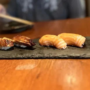 Unagi and salmon belly nigiri