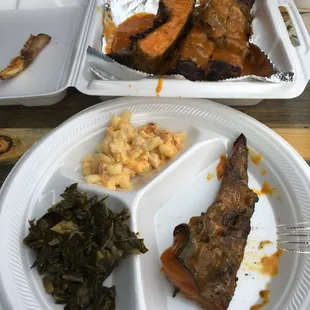 Ribs with mustard sauce collard greens and Mac n cheese!