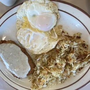 High Country breakfast with country fried steak, 2 eggs, hash browns, choice of toast.
