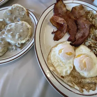 Hometown breakfast - 2 biscuits and gravy, 2 eggs, choice of meat, hasbrowns.