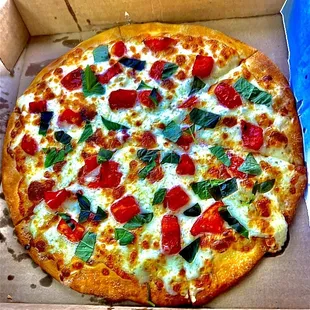 Margherita pizza with white base sauce. DELICIOUS!