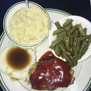 Meatloaf lunch special - mashed potatoes, green beans, and corn casserole