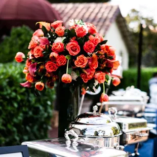 Classic sterling silver buffet set-up. Wedding at Piedmont Community Center
