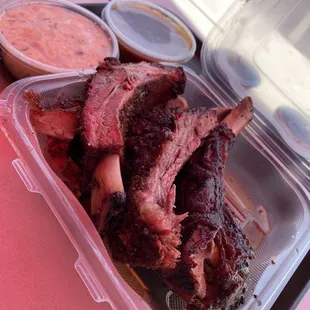 Beef ribs, brisket, potato salad and beans