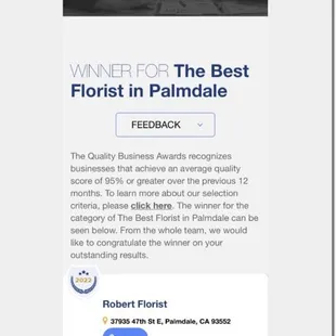 Quality Business Award (2022) WINNER For The Best Florist In Palmdale.