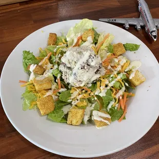 House salad with scoop of chicken salad. Delicious!!