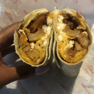 Breakfast burrito cut in half