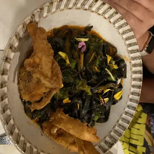 Black ink taglioni with soft shell crab