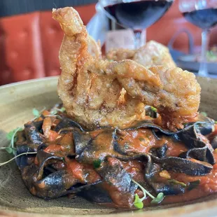 Black ink pasta with soft shell crab