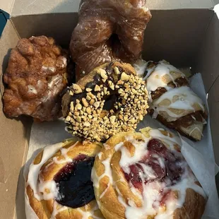 Apple Fritter, Cherry &amp; Blueberry Danish,  Peanut Donut, Yum Yum Donut, Almond Croissant