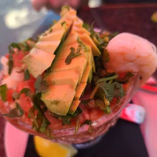 shrimp, avocado, cucumber, and tomato salad