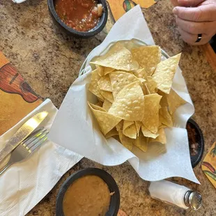 House chips with bean dip and salsa first round is free