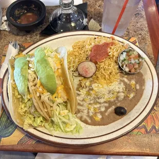 2 tacos with rice and beans