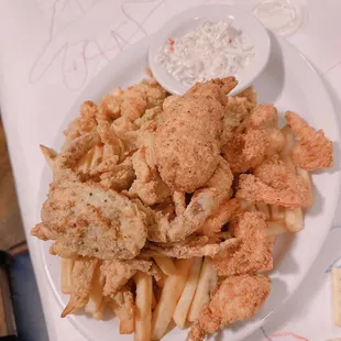 Seafood Platter-Cup of seafood gumbo, fresh crabmeat salad, stuffed shrimp, soft shell crab, shrimp, oysters, catfish, crawfish tails